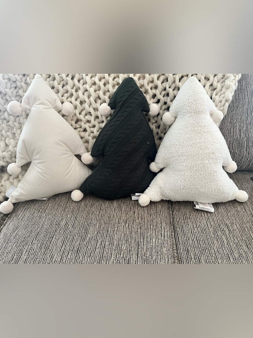 Plush Holiday Tree Throw Pillow Trio - Green + Cream + White